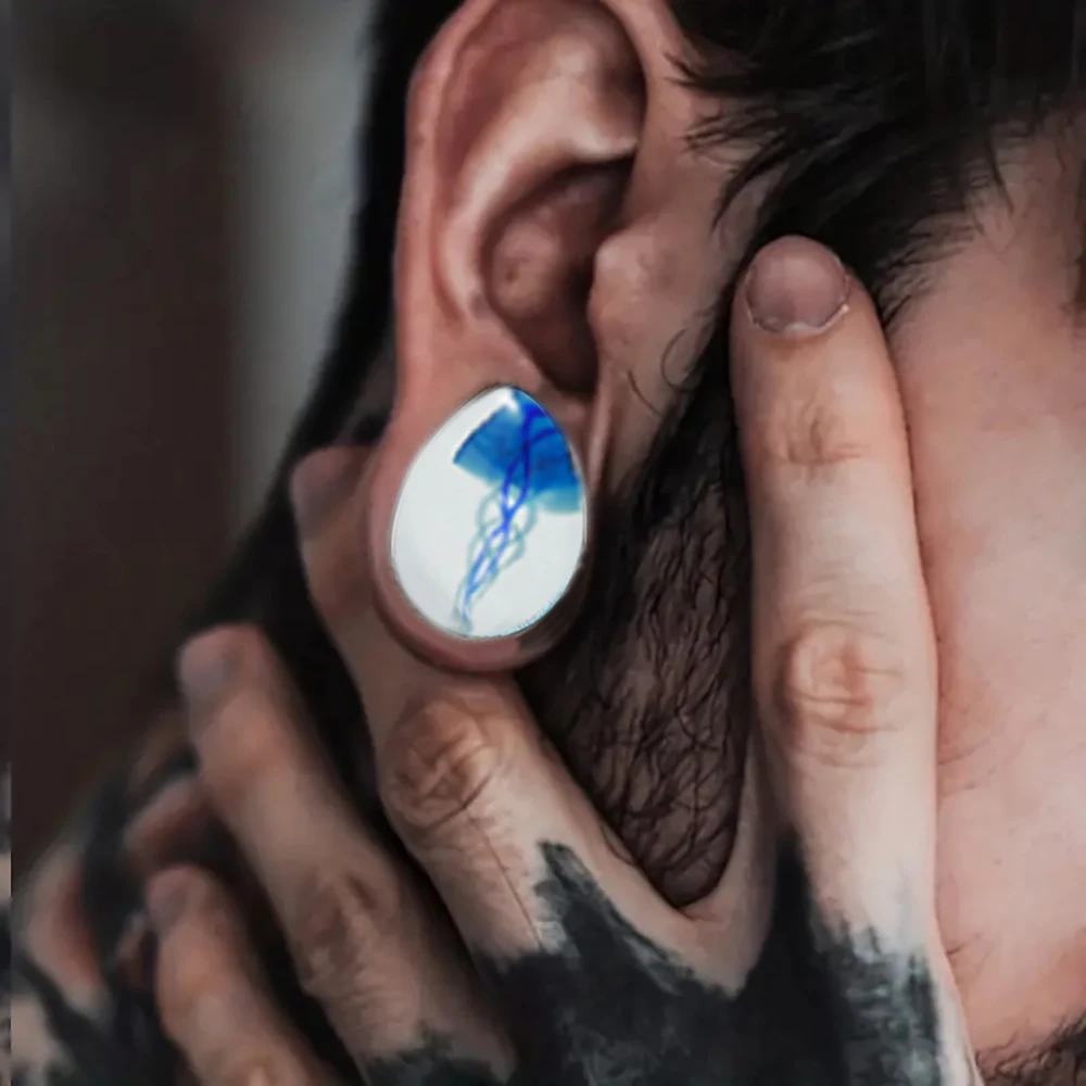 1-2PCS Oval-shaped&Transparent Glass With Blue Jellyfish Ear Tunnel Plugs Ear Weight Expander Strengthed Flared Earring Fashion