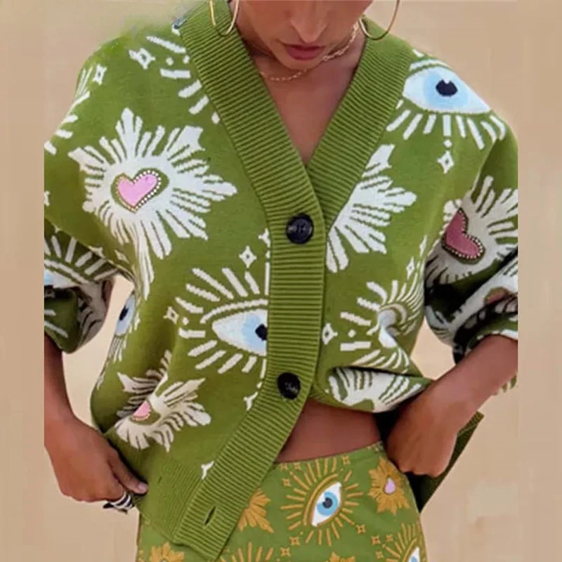Vintage Geometric Print Sweater Cardigan Woman Elegant Single Breasted V Neck Jacket Autumn Long Sleeve Loose Knitwear Top Mujer