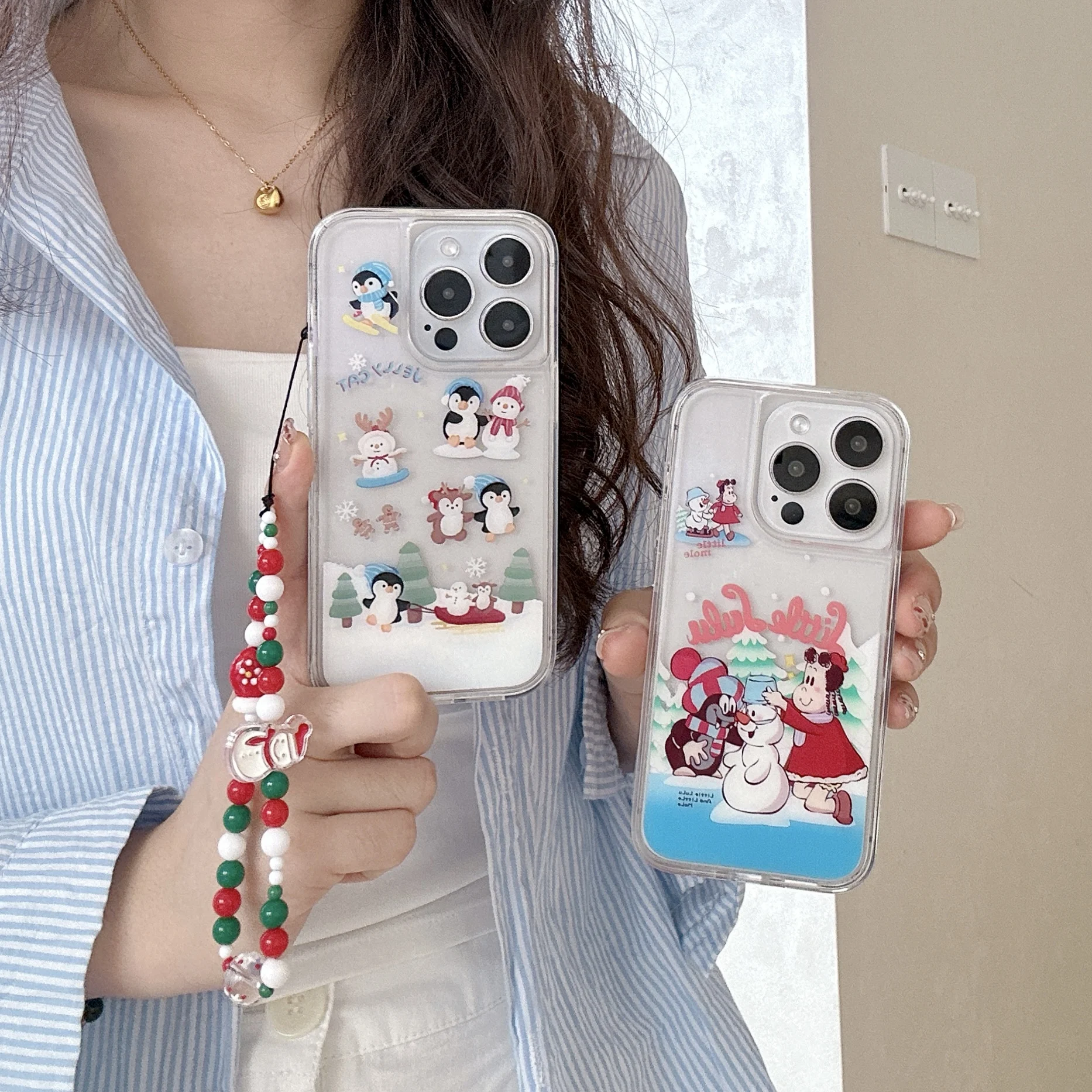 Christmas Gifts Shifting Sand Phone Case With Lanyard  For iPhone 16 15 14 13 Pro Max Cute Sanrio Hello Kitty Snowman Silicone