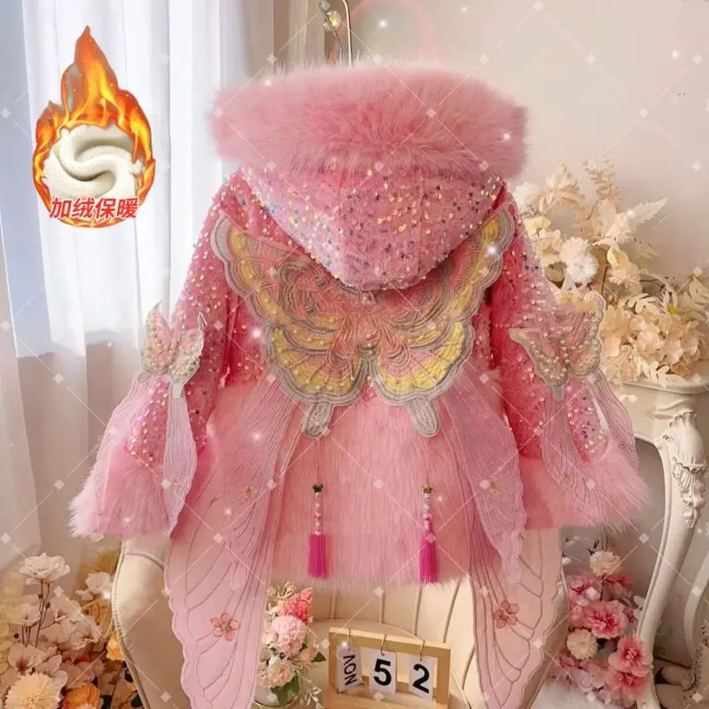 معطف شتوي لطيف على شكل فراشة لامعة دافئ بالإضافة إلى سترة سميكة من القطن المخملي للفتيات ملابس غير رسمية من الفرو الاصطناعي ملابس خارجية للثلج