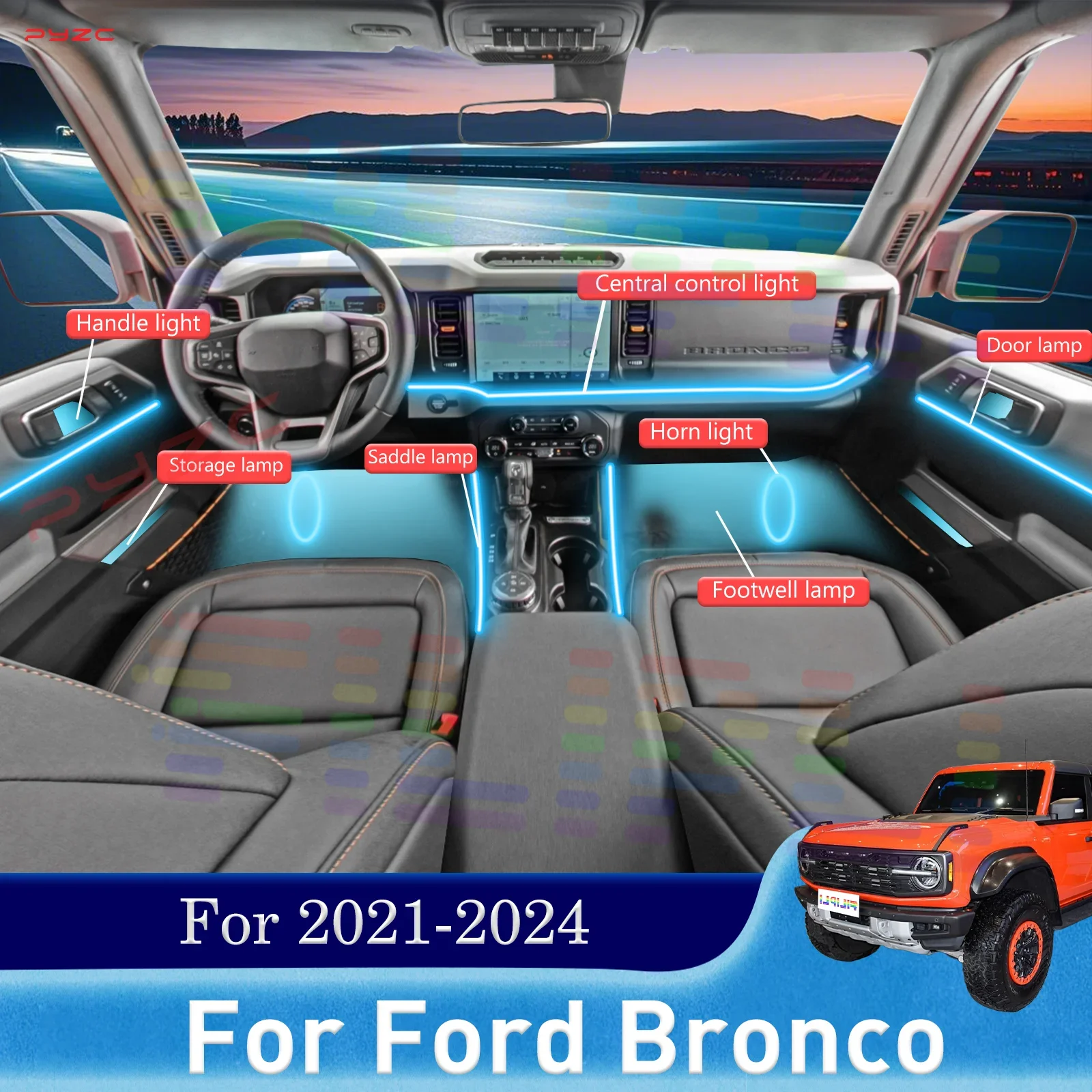 

For Ford Bronco Car Interior Decorative Ambient Light RGB 64-Color LED Easy-Fit Installation Kit For 2021-2024