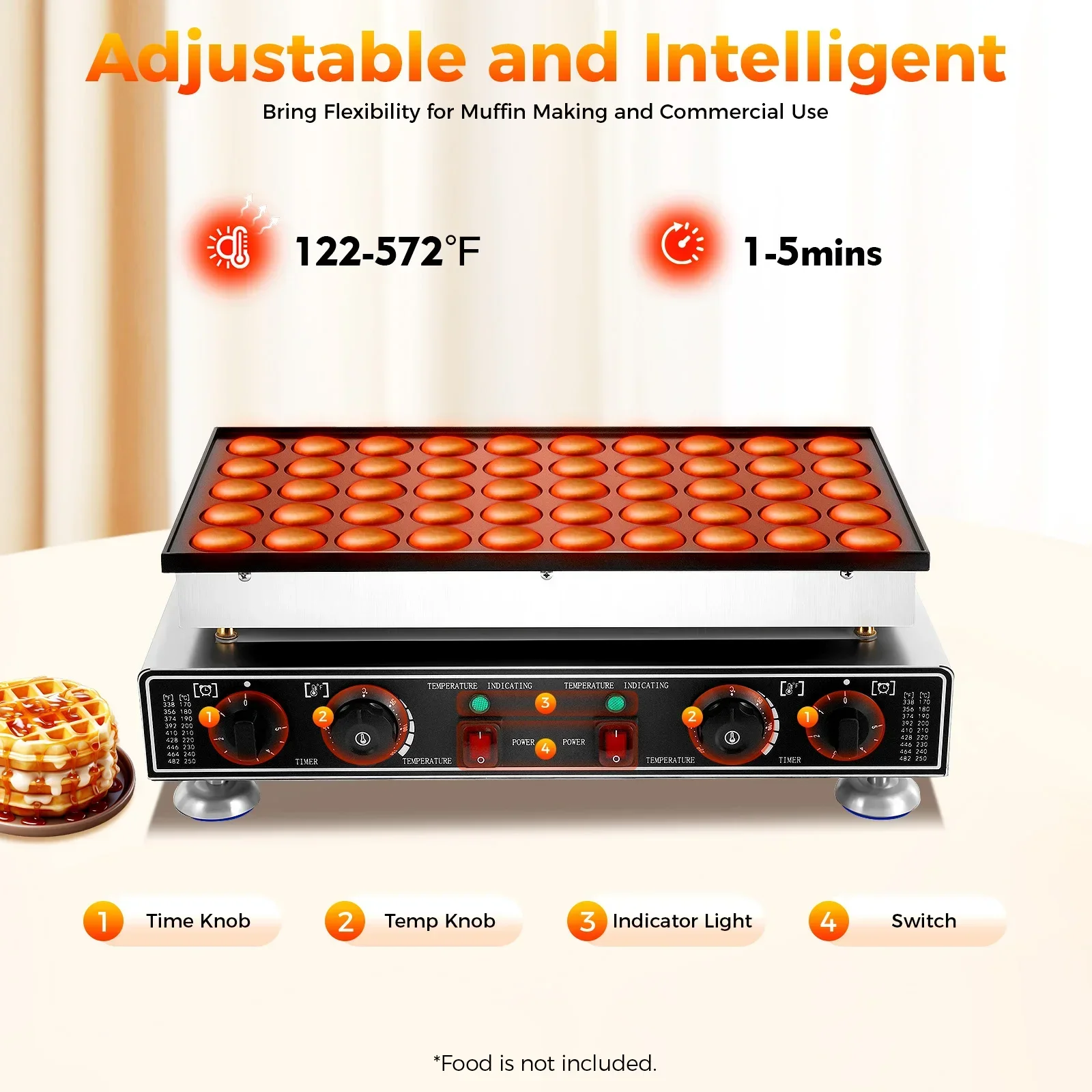 Cast Aluminum Dutch Pancake Maker, 50-Hole 850W×2 Heating, 50-300℃ Temperature Control Non-stick Mini Waffle Baker for Home Shop