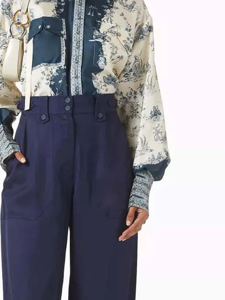 Blusa elegante de satén para ir al trabajo para mujer, camisas informales de manga larga con solapa estampada, blusa holgada de un solo pecho para mujer