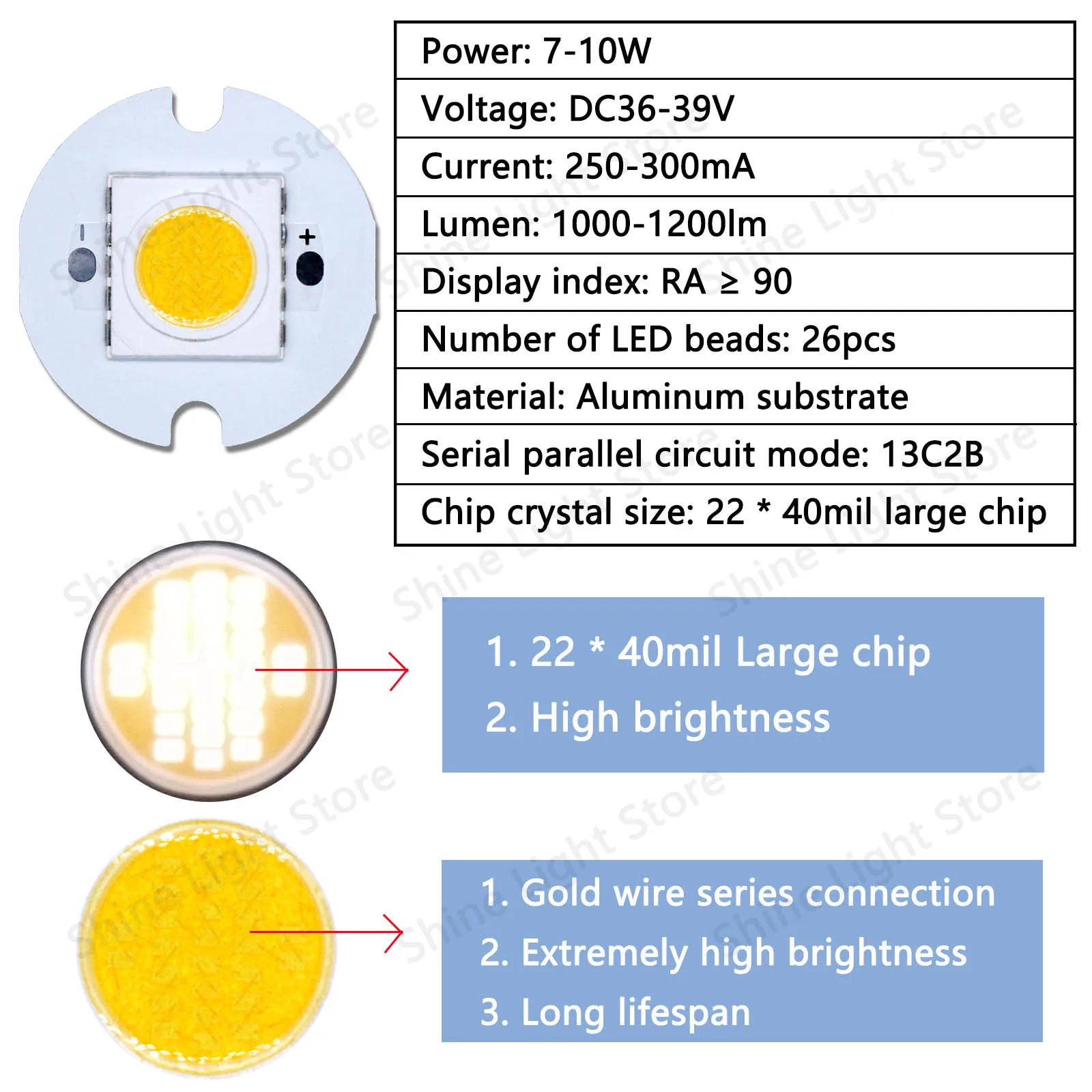 3pcs LED COB Light Source chips 7-10W DC36-39V 250-300mA Diode Light Beads Three Color LED Spotlights Tube Light Accessories