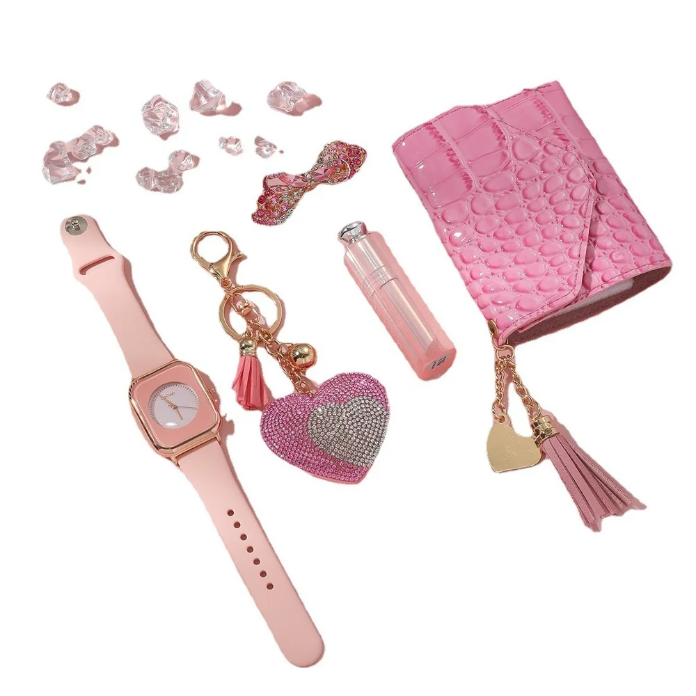 New 5Pcs/Set Luxury Womens Watches Set with Box Fashion Quartz Watch for Women Hairpin Keychain Wallet Wristwatch Set Gifts Box