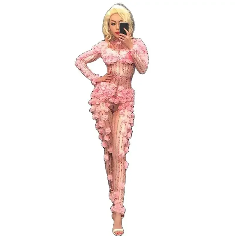 False Perspective Body Suit Nightclub Bar Sexy Jazz Pole Dance Performance Costume Pink Flower Rhinestone Photography Clothes