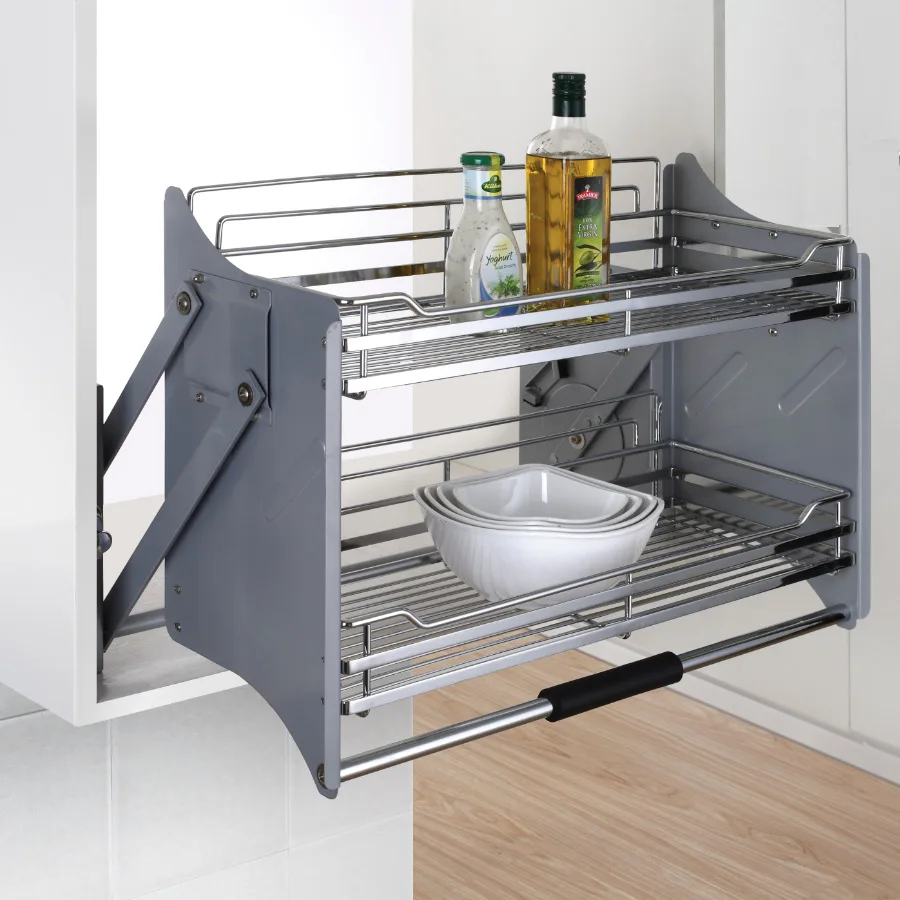 900mm Carbon Steel Double Tier Folding Eco-Friendly Modern Kitchen Living Room Corner Cabinet Sliding Storage Basket 15kg Load