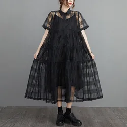 #6625 Black White Mesh Shirt Dress Sexy Perspective Button Front Shirt Dress Women Two Piece Set A-line Midi Dress Ladies Sexy