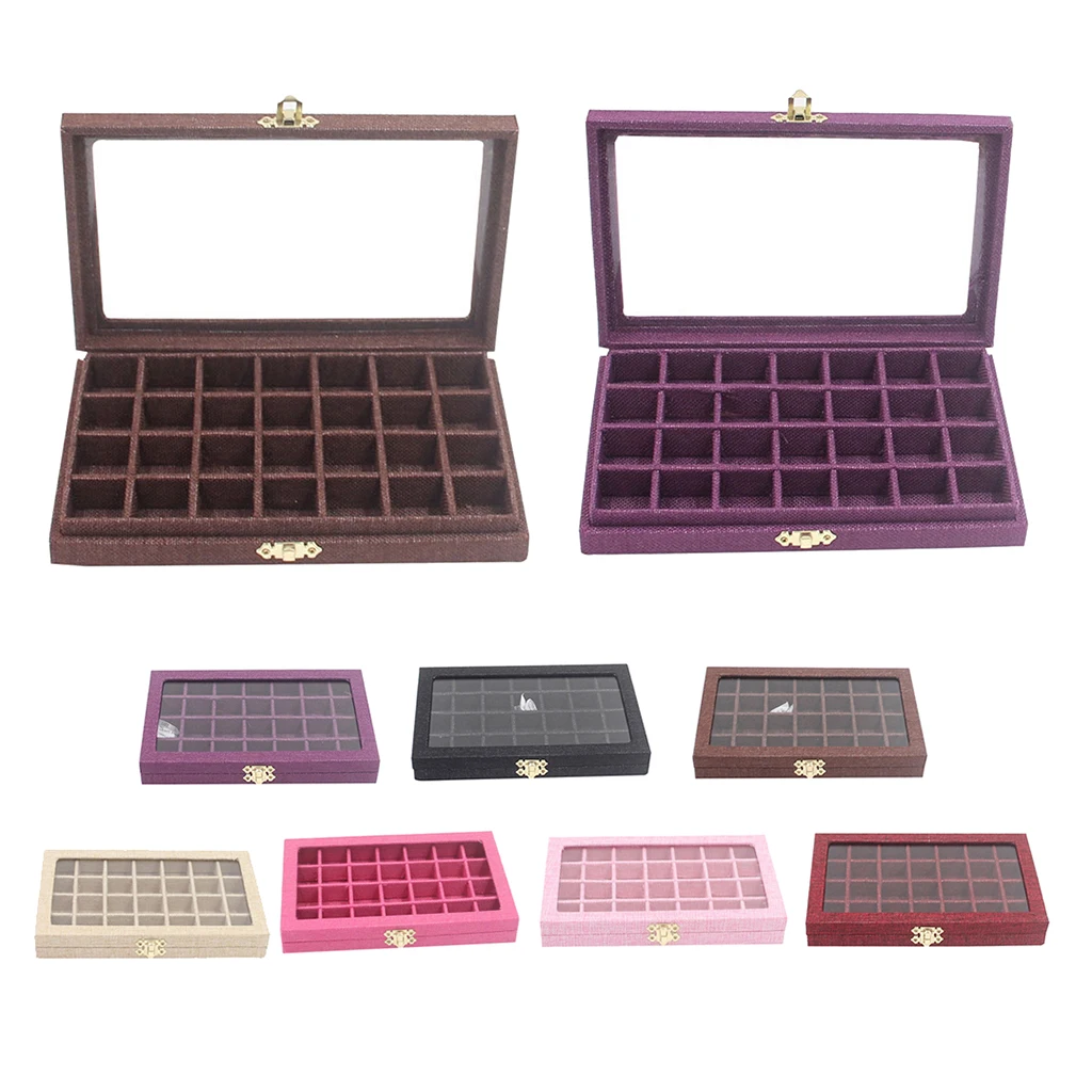 Sackcloth Linen Clear Lid Jewelry Tray Showcase Display Storage Box 28 Grids Sackcloth Jewelry Box Packaging