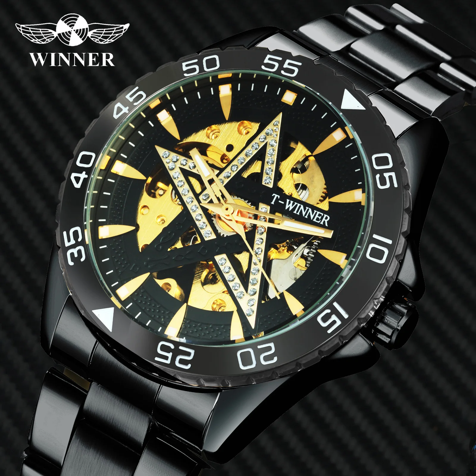 2023 Fashion Men's Full Luxury Black Stainless Steel Casual Five Point Star Individual Design Automatic Mechanical Wrist Watches