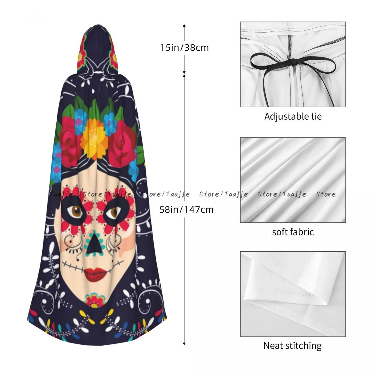 Mexican Woman Skull Witch Cloak Halloween Cosplay Costume Adult Unisex Cloak Retro Ages Cape