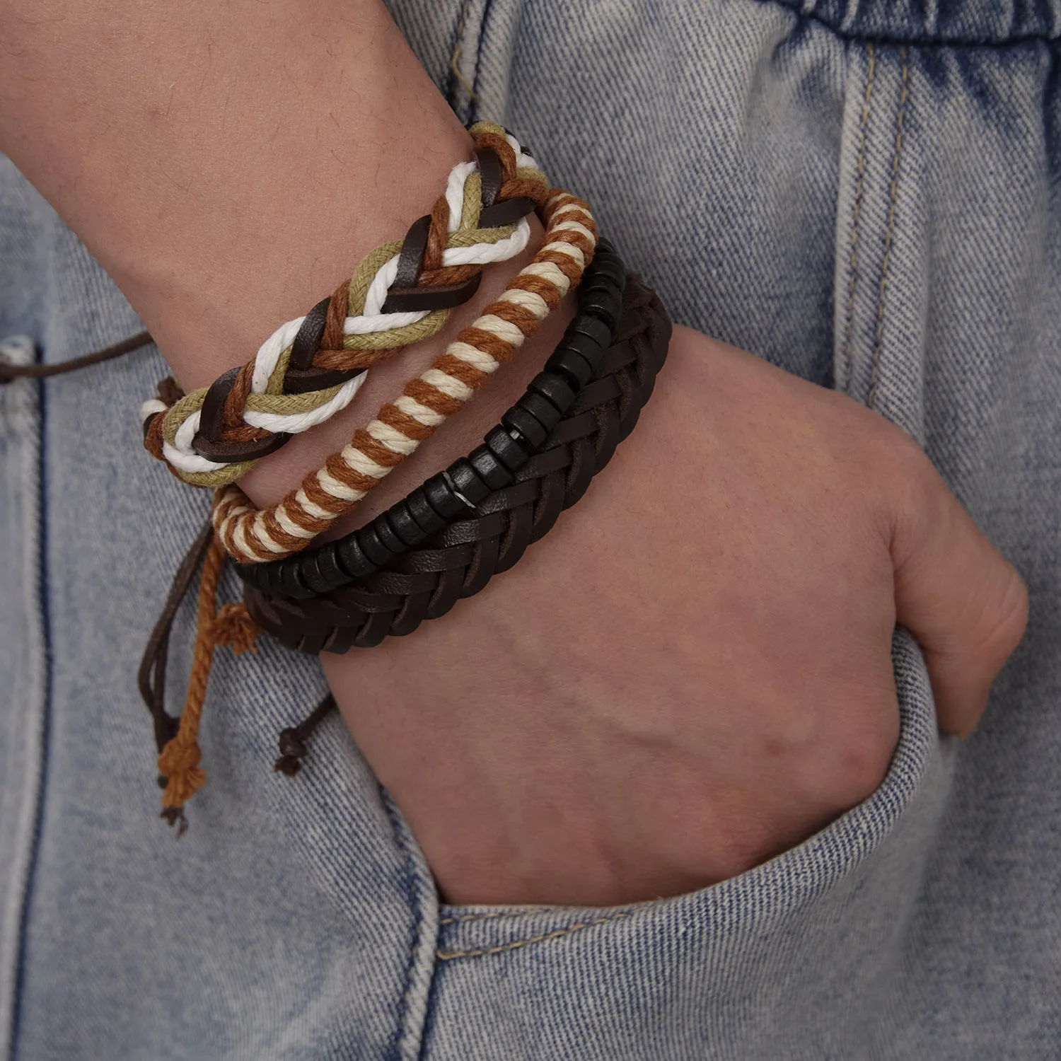 4Pcs/Set Braided Wrap Leather Bracelet for Men Women Vintage Yin Yang Infinity Wood Beads Charm Bracelets Male Wristband Jewelry