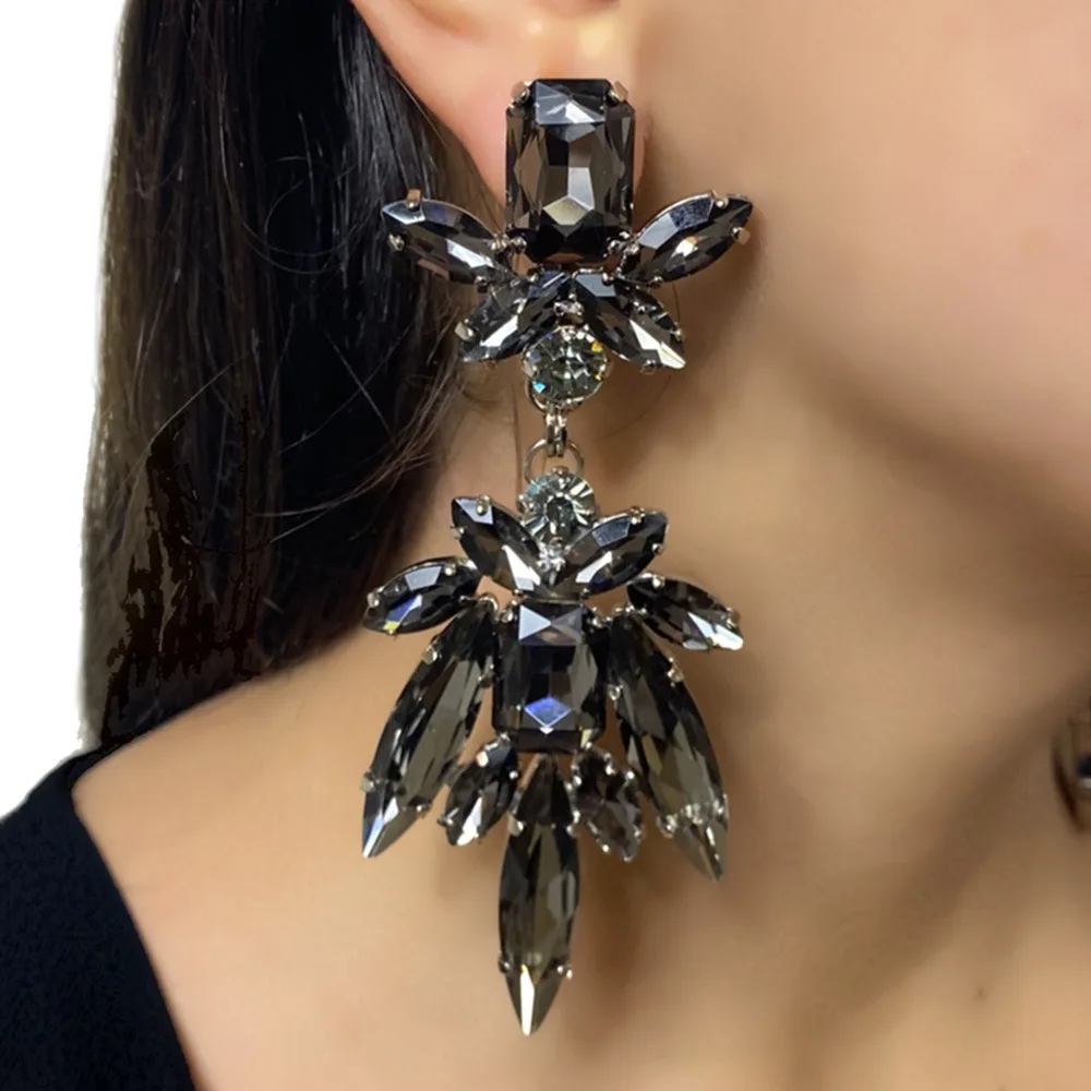 Stonefans Black Crystal Earrings Studs for Women Large Luxury Design Jewelry Oversize Accessories Statement Rhinestone Earrings