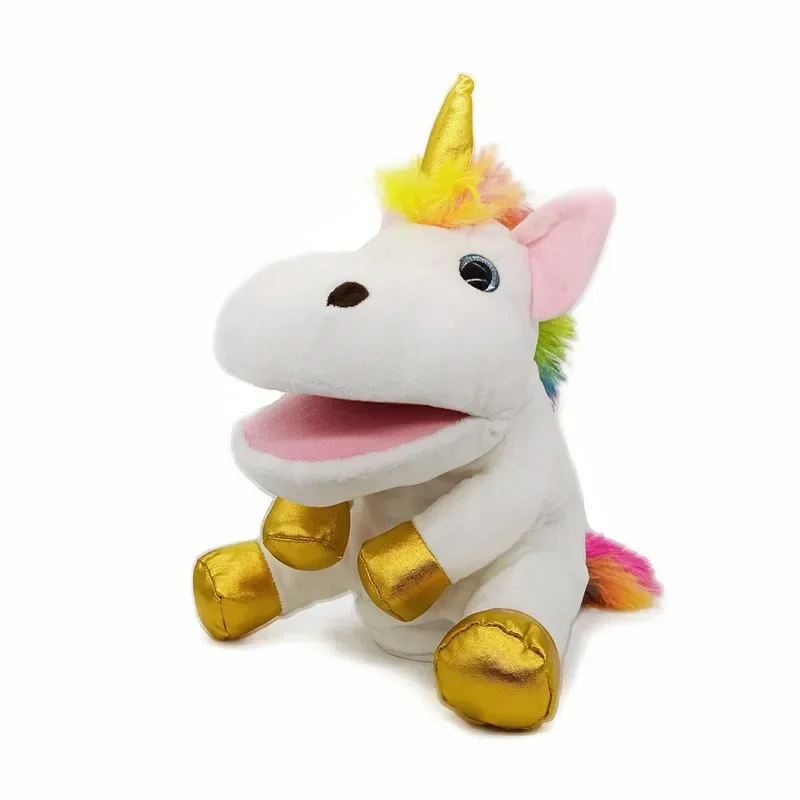 Plush toy with mouth opening unicorn, hand puppet, doll, cloth doll, performance prop Performing a play