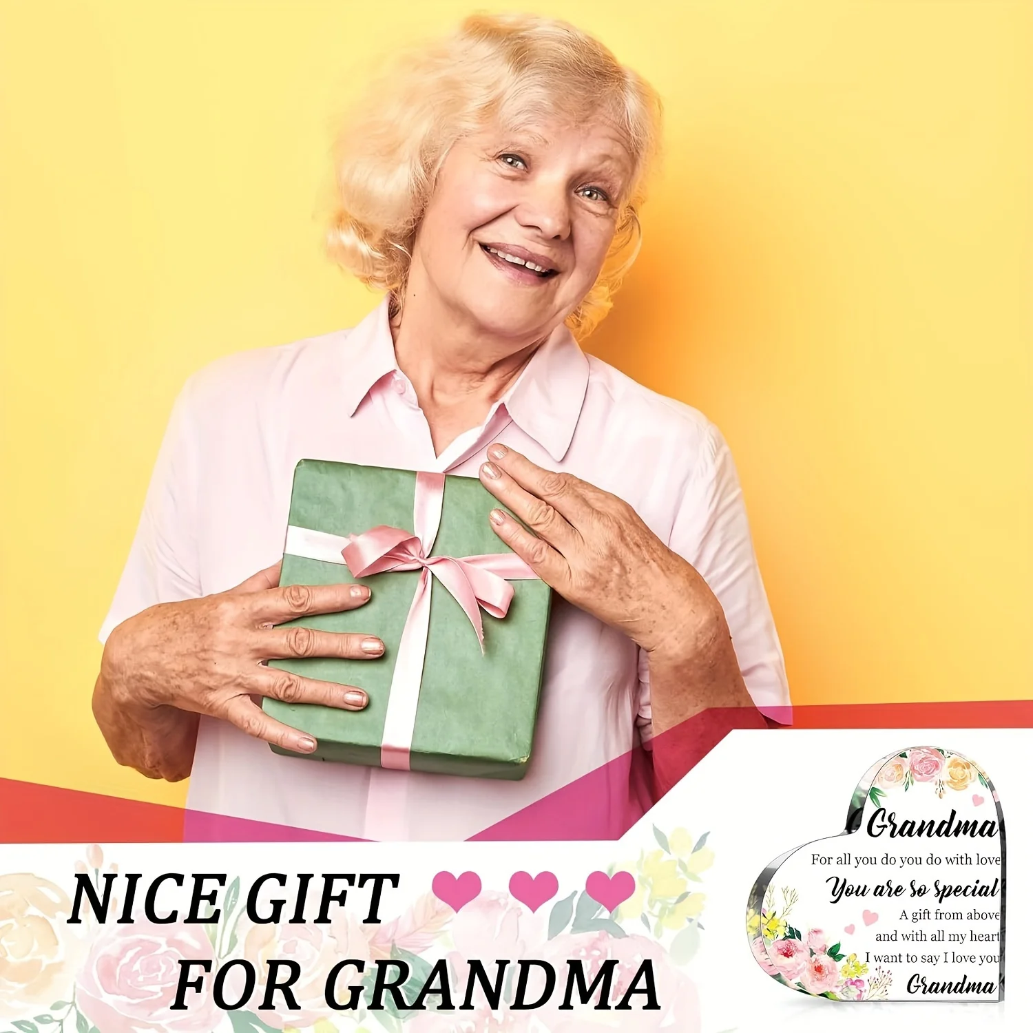 Heart Shaped Acrylic Plaque Gift for Grandma Watercolor Floral Desk Decor- 