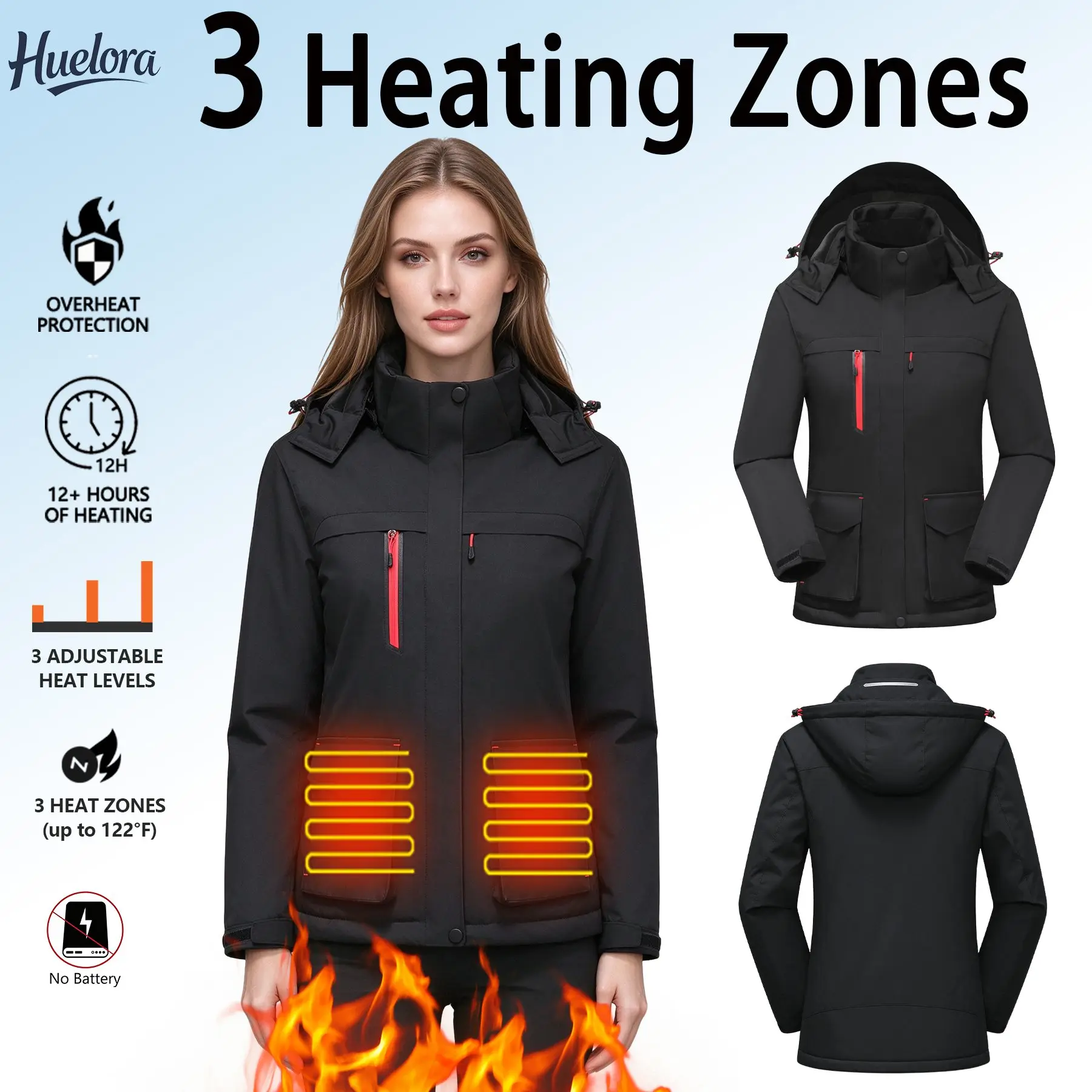 Huelora Women's Heated Jacket, Detachable Hood, Waterproof Windproof Warm Winter Coat,Heating Outerwear for Outdoor Skiing,Black