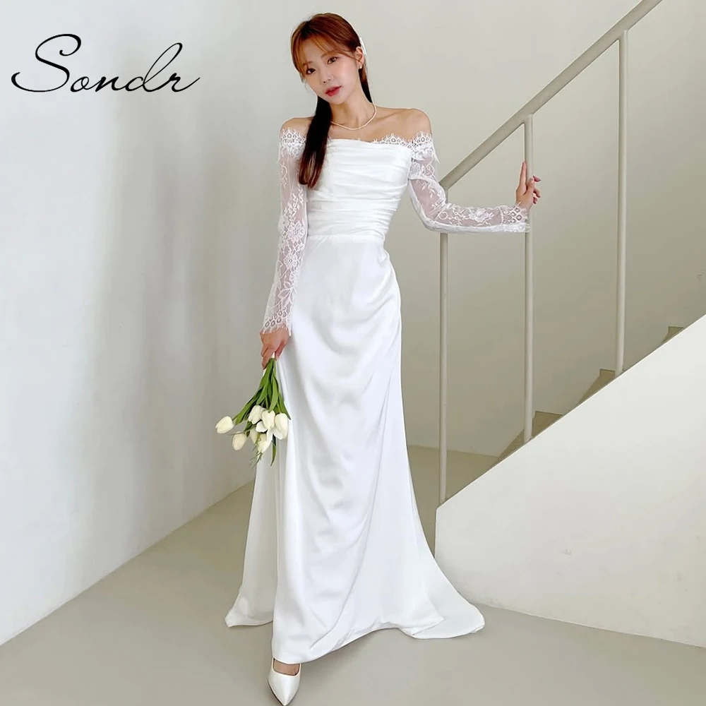 

Sondr Elegant Korean Wedding Dresses Boat Neck Lace Long Sleeves Bridal Reception Dresses Customized Women Wedding Snap Dresses