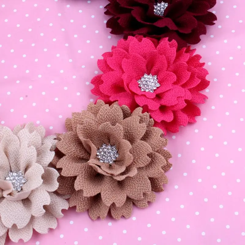 10pcs 3.6" Artificial Headband Flowers Fabric Hair Flowers With Rhinestone Button Lace trim patch applique lace fabric Wedding