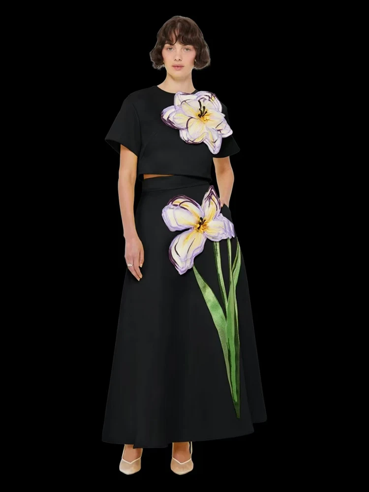 Feminino flor conjunto de duas peças sexy apliques o pescoço manga curta topo + cintura alta saia longa ternos festa à noite conjuntos celebridade