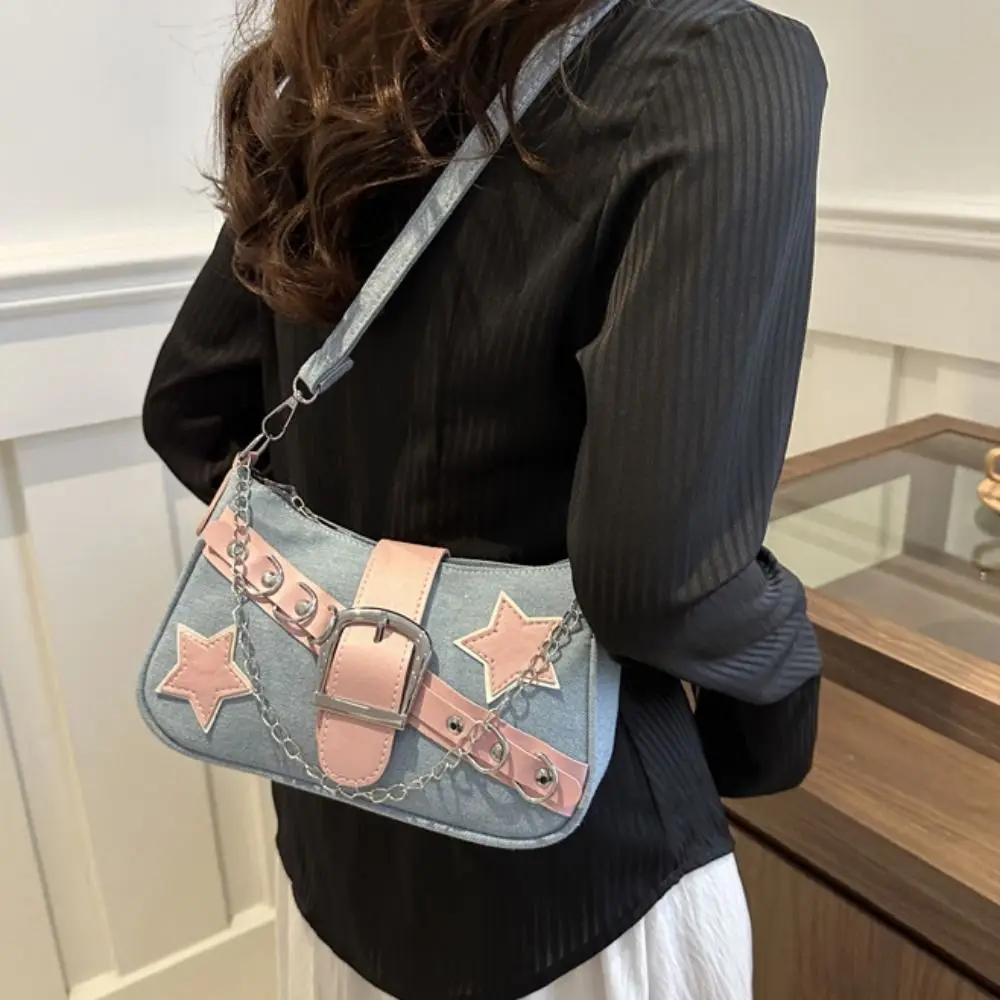 

Temperament Handbag Y2k Underarm Bag Tote Bag Star Pattern Korean Style Shoulder Bag Chain Denim Tote Bag Portable