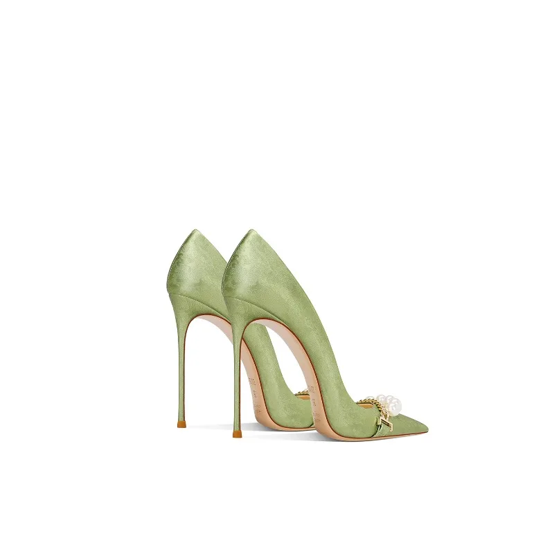2025 Spring New Grass Green Satin Pearl Pointed Toe Stiletto Heels for Women
