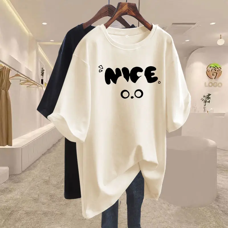 2024 Summer New Minimalist Commute Solid Color Loose Letter Printing midi Round Neck Cotton Short Sleeve T-shirts Women's Tops