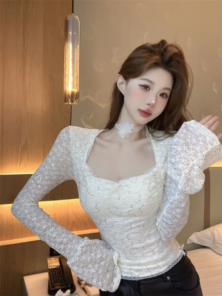 

Sexy Slim Fit Women's T-Shirt Square Collar Lantern Sleeve Overhead Top Glittering New Style Autumn Fashion Ladylike Style