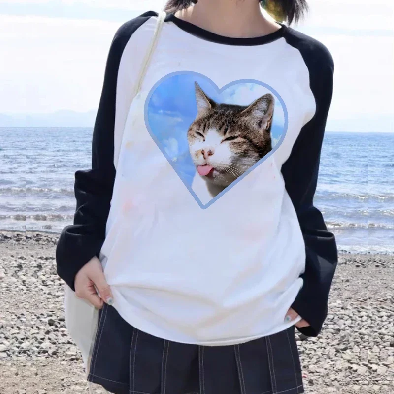 90s Y2k T-shirt Long Sleeve Funny Cute Cat Shirt Women Cartoon T Shirt  Harajuku Graphic Ulzzang Tshirt Aesthetic Top Tee Female