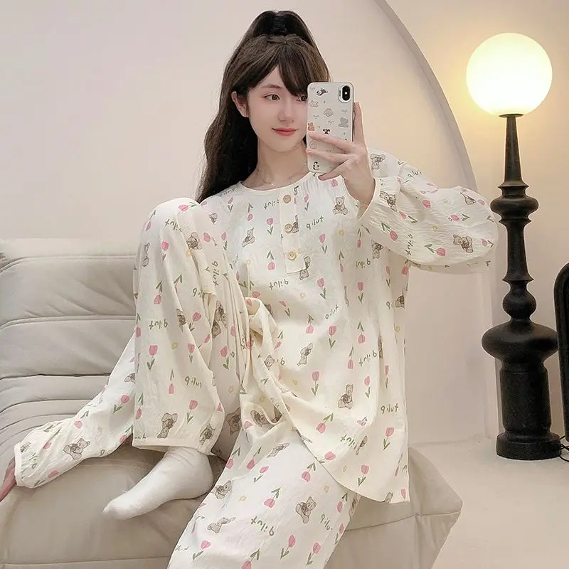 

Large Size Pajama Sets Women's Spring Autumn Korean Loose Cartoon Cute Long Sleeve Trousers Home Clothing 2-piece Set Pieces Two