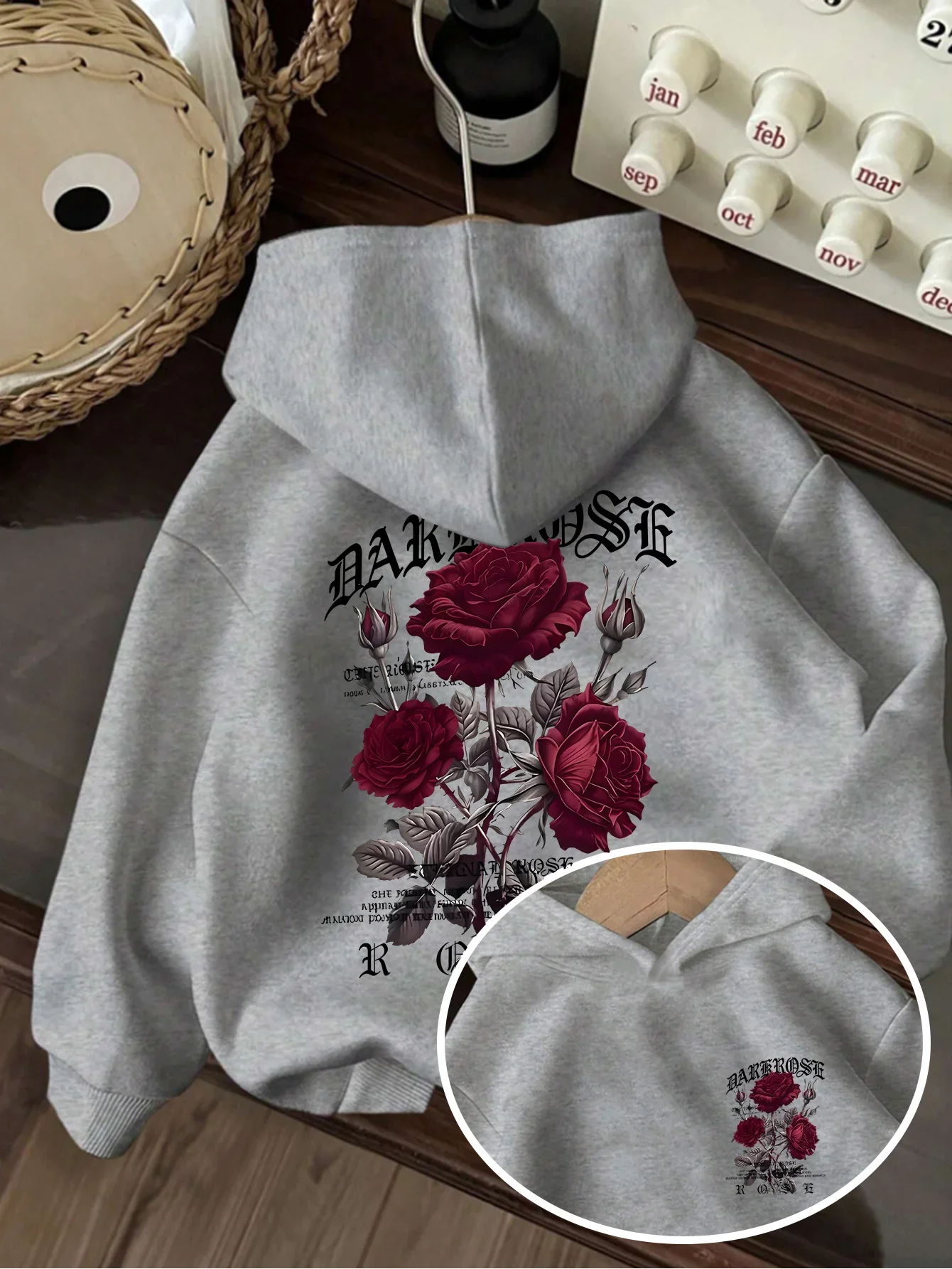 Dark Rose Kids Hoodie Gothic Letter Back & Chest Floral Print Autumn Winter Fleece Warm Children Casual Hooded Sweatshirt