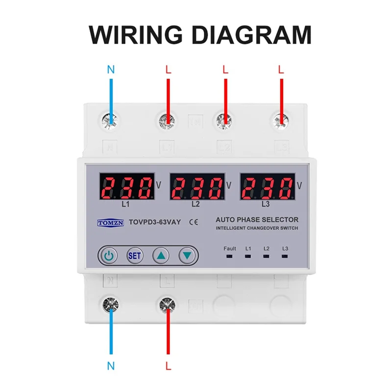 TOMZN 63A 3 Phase 3P+N Rail Phase Selector Voltmeter with Adjustable over and Under Voltage Protection Monitor Relays Protector