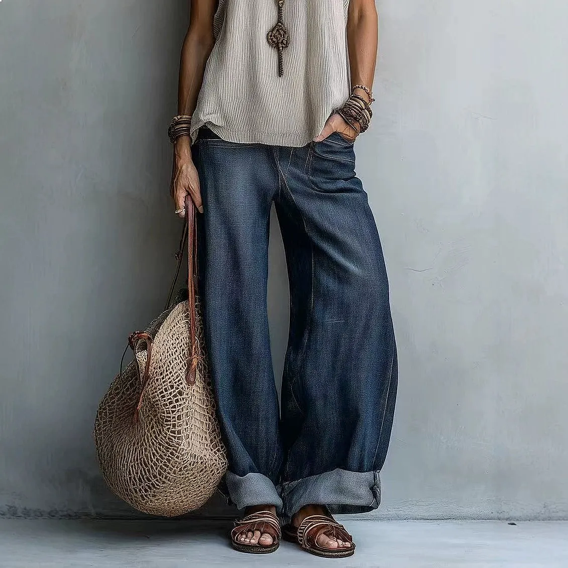 Women's Retro Wide Leg Washed Jean Pants Straight Leg Jeans Spring Summer