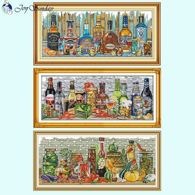 Wine Bottle Series Pattern Joy Sunday Cross Stitch Kits 14ct 16ct 11ct White Fabric Printed Embroidery Set DIY Home Decor Crafts