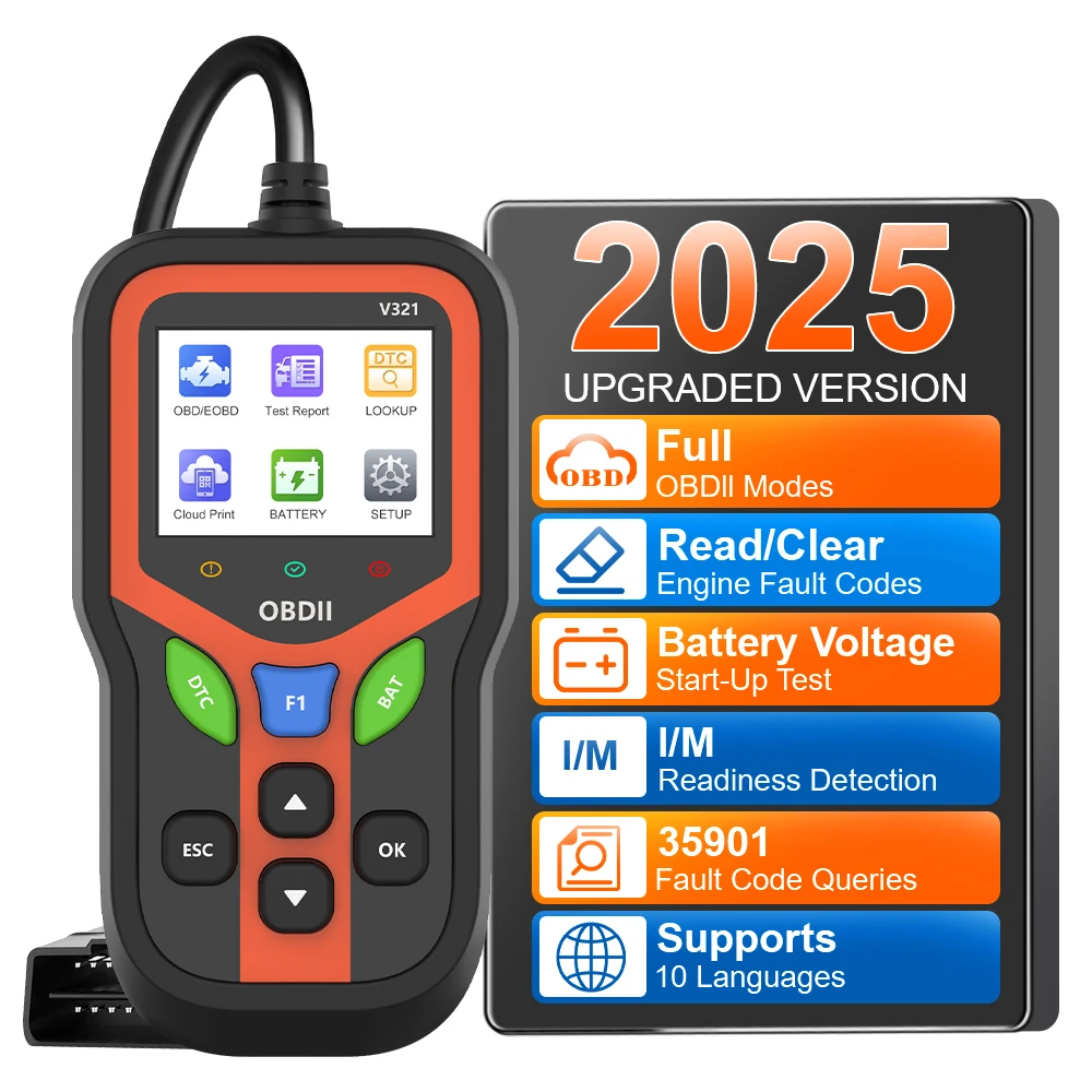 

Сканер OBD II, проверка системы двигателя V321, автомобильные диагностические инструменты OBD2, тестер батареи, считыватель кодов, универсальный код неисправности, очистка