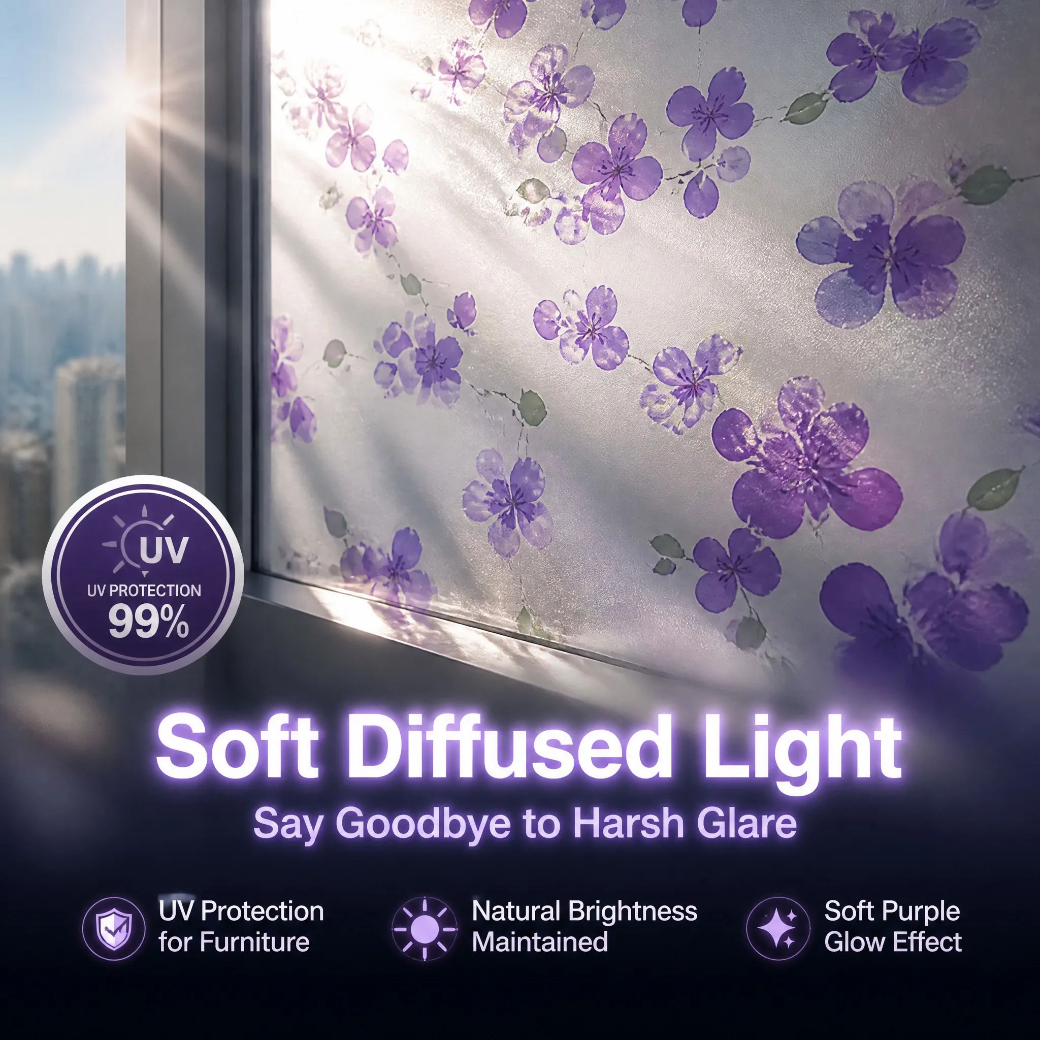 Purple Floral Pattern Self-Adhesive Frosted Window Film Privacy Decorative Film for Glass Doors And Windows view 6