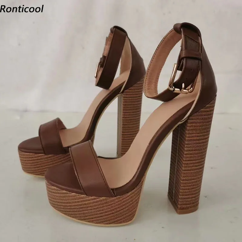 

Ronticool новые женские босоножки на платформе с ремешком на щиколотке из искусственной кожи на массивном каблуке с круглым носком, коричневые, черные, фиолетовые туфли для вечеринок, размер США 5-20