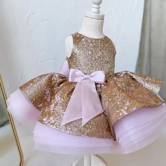 Vestido de fiesta de cumpleaños para niños, cuello redondo, princesa, tutú, hasta la rodilla, personalizado, hecho a mano, nuevo