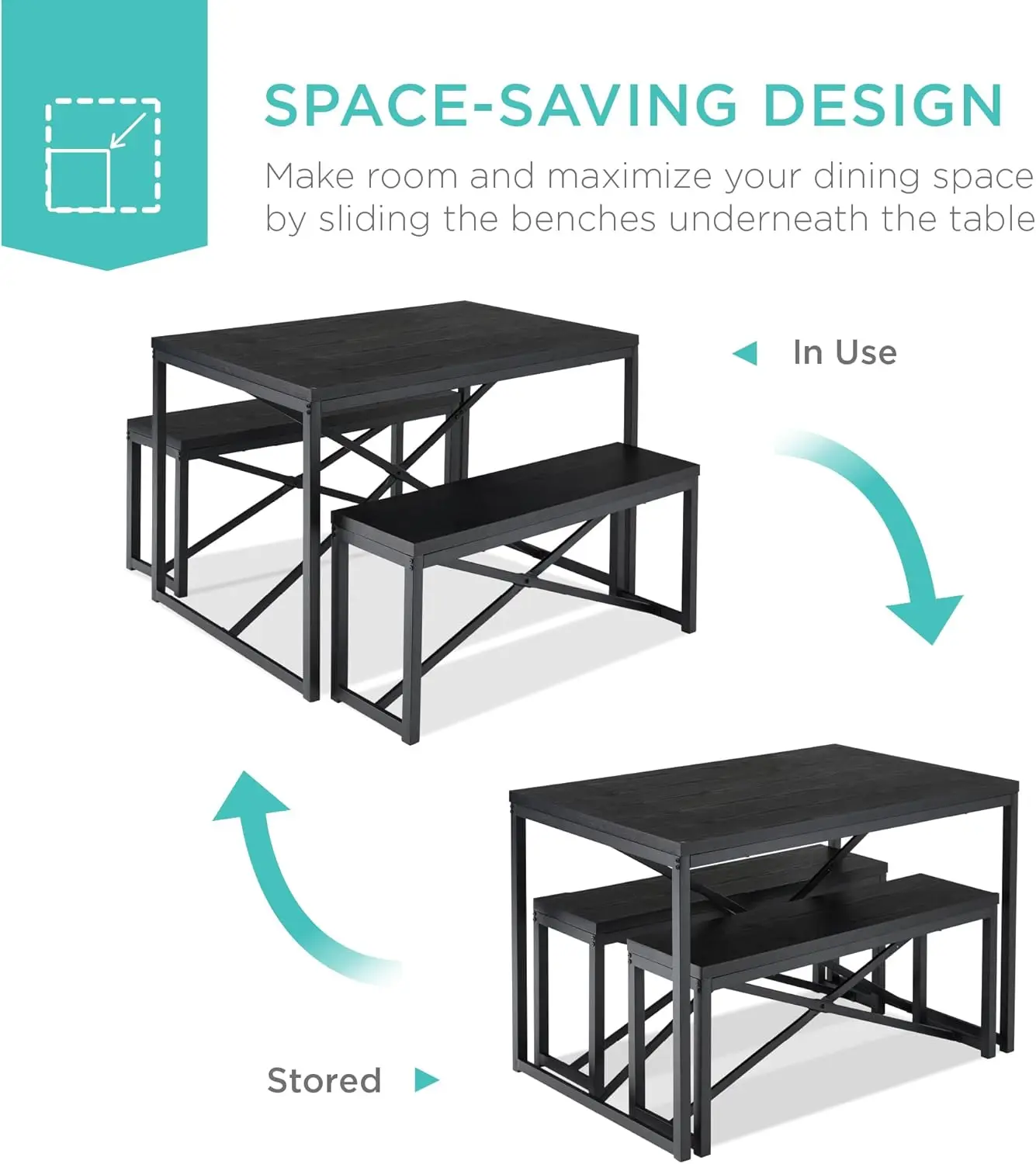 Juego de muebles de comedor estilo banco de 3 piezas de 45,5 pulgadas, comedor que ahorra espacio para 4 personas para cocina, comedor con 2 bancos, mesa - Bl