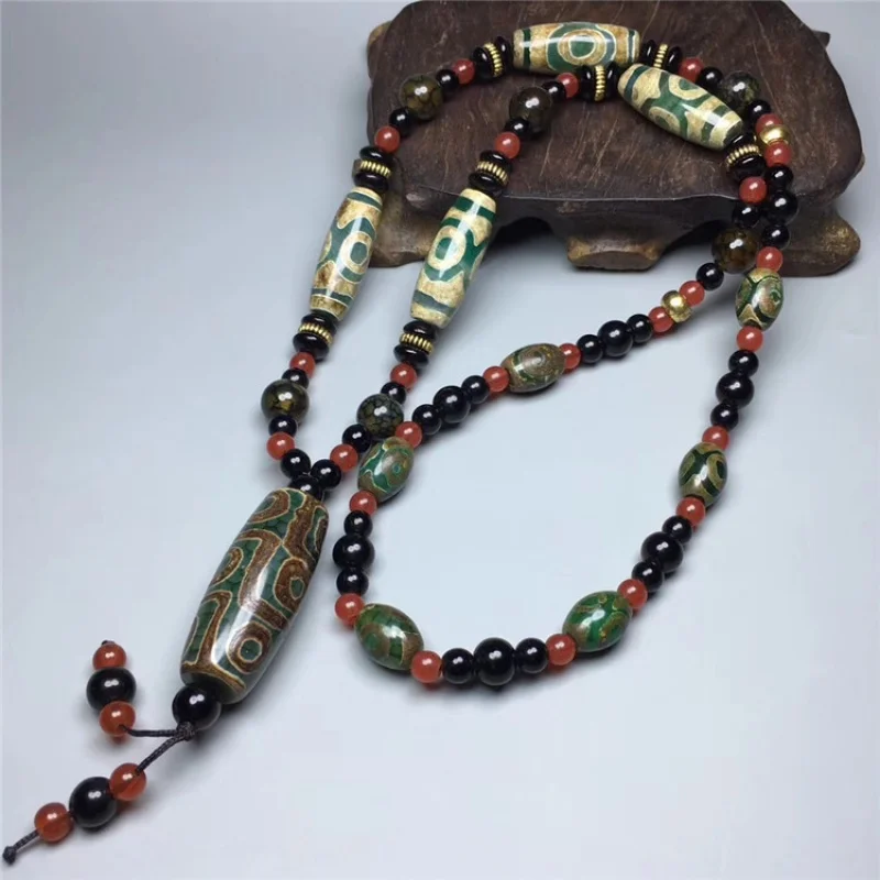 Jewelry Necklace Dzi Agate Green Nine-Eye plus Three-Eye Necklace Fashion Sky Bead Necklace