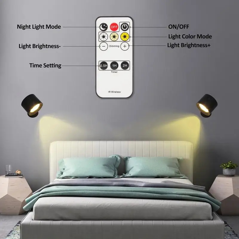 

Wall Lamp For Bedroom Rechargeable LED Night Light 3 Brightness Levels 360 Degree Rotate Remote Control LED Wall Sconce With