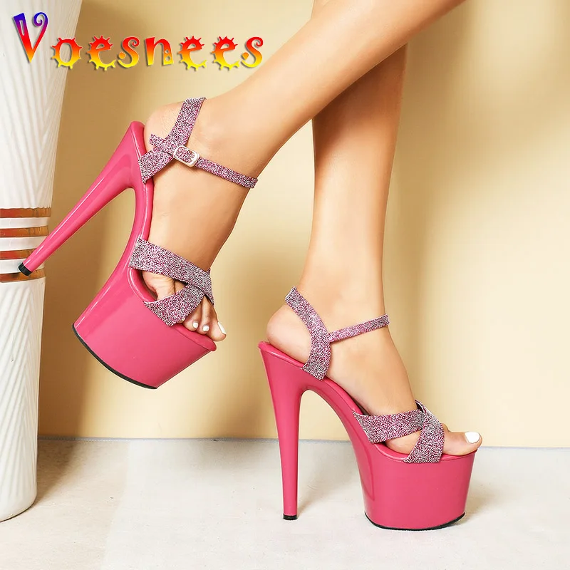 Plus Size Women Sandals New Rose Red 17CM Thin High Heels Pumps Summer Waterproof Platform Party Shoes Fashion Pole Dancing Show