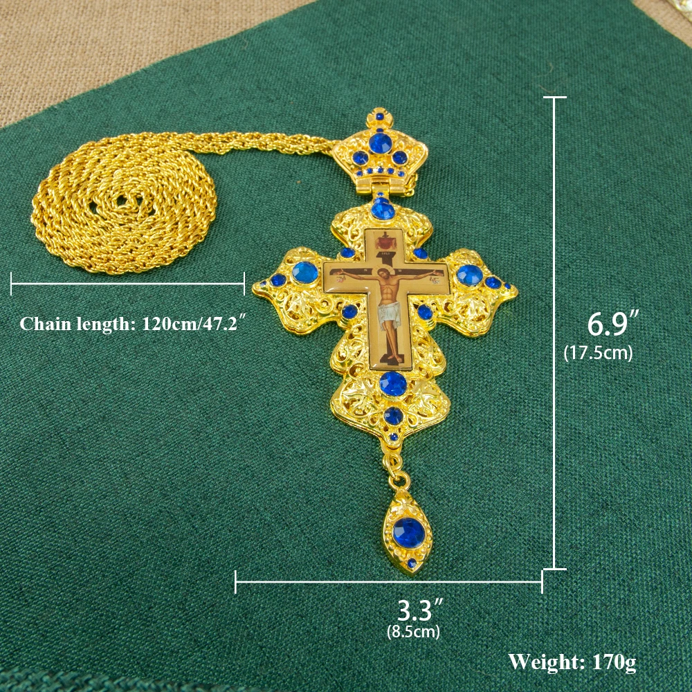 Greek Gold Plated Alloy Orthodox Pendant Russian Pectoral Cross with Jesus Icon Necklace for Priest Крест наперсный с цепью