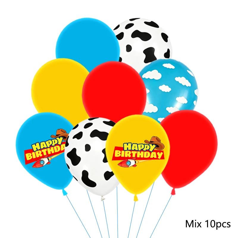 Rote, gelbe und grüne Spielzeugballons, hellblaue Ballons mit Wolken- und Kuhmuster für die Dekorationen zu Babystory- und Cowboy-Partys – Detail 38