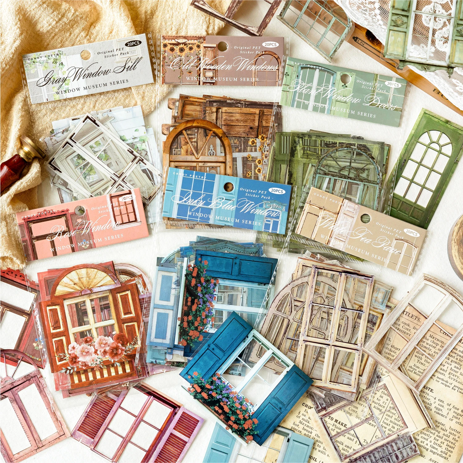 20 Pcs PET material Doors Windows Stickers Junk Journal Planner Scrapbooking Vintage Decorative DIY Craft Material supplies