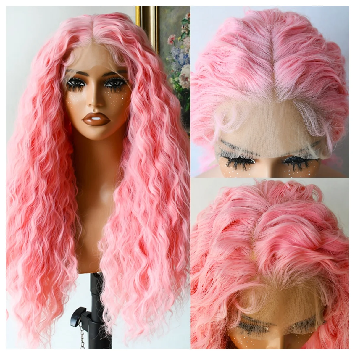 Parrucche anteriori in pizzo sintetico rosa Parte libera Onda profonda Parrucche in pizzo senza colla per capelli in fibra naturale resistente al calore per le donne