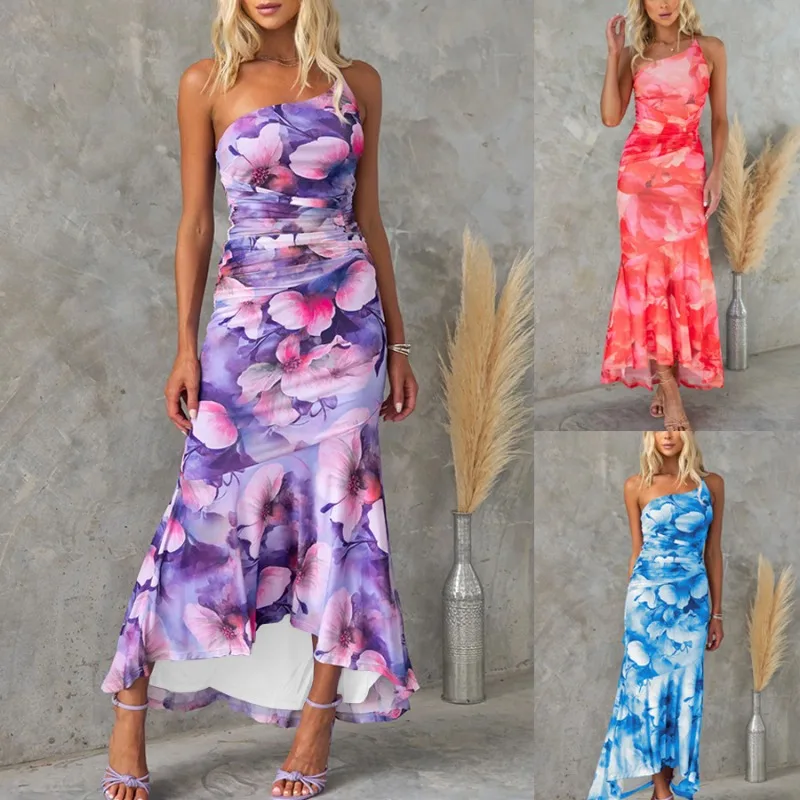 

Sexy Dress for Women Europe and America Spring and Summer New Slanted Shoulder Printing Fashion Leisure