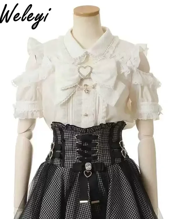 Jirai Kei Style Shirt Mine Series Off-Shoulder Pearl Collar Blouse Student Japanese Cute Girl Sweet Big Bow Short Sleeve Shirts