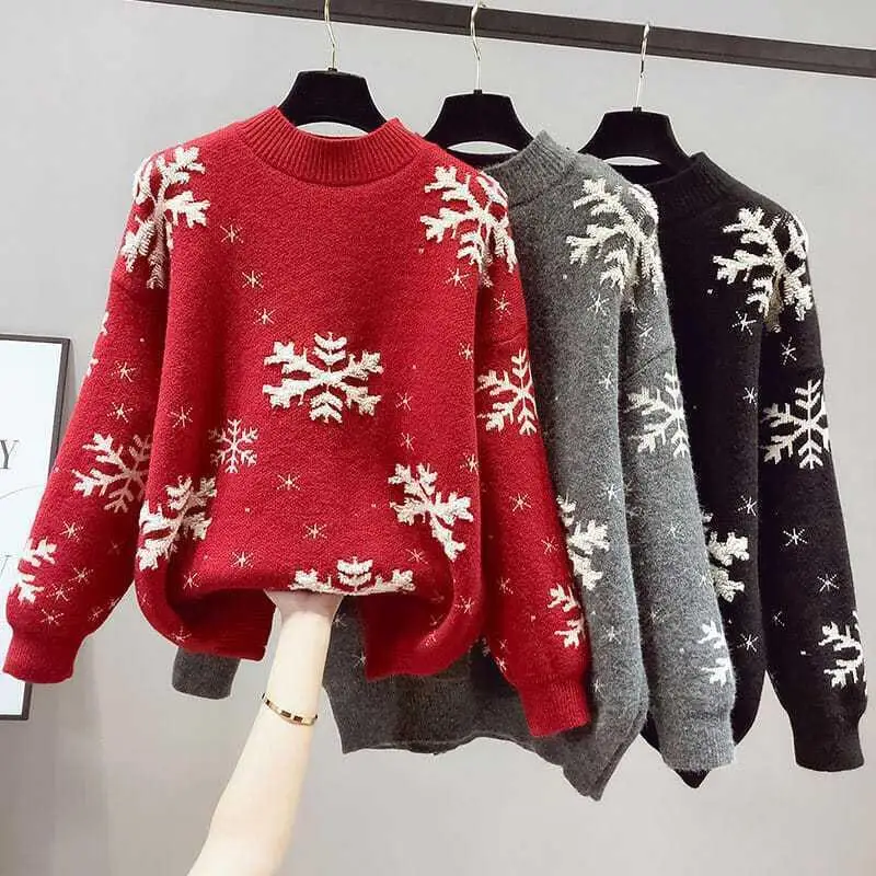 

2025 Women's Knitted Sweater Pullover Christmas Red Thickened Overalls Crew Neck Full Sleeve Patterned Fashion Autumn Winter