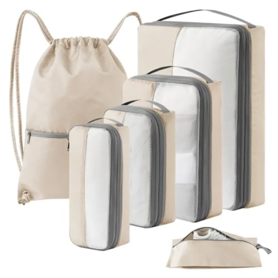 

6 Set Compression Packing Cubes for Travel Bonus Versatile Drawstring Backpack Lightweight Luggage Organizer Bags Sturdy Travel