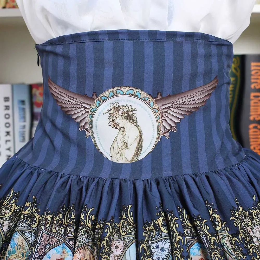 Sweet Mori Girl High Waist Skirt Blue Musha Printed Women\'s Short Skirt with Ruffles